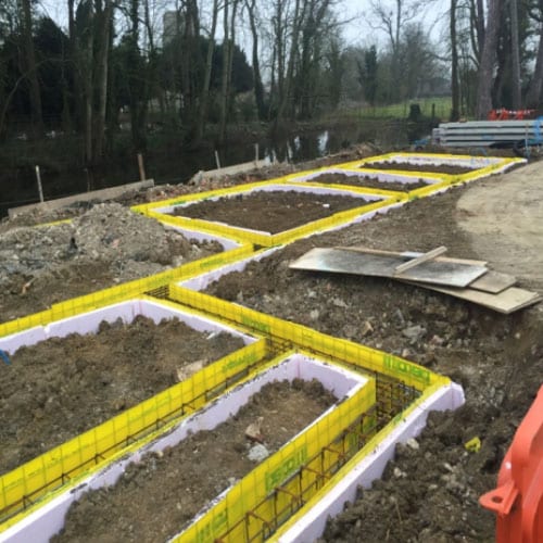 Foundation Construction, Oxfordshire - Reinforced Concrete Ground beams built on pile caps with Claymaster heave protection board
